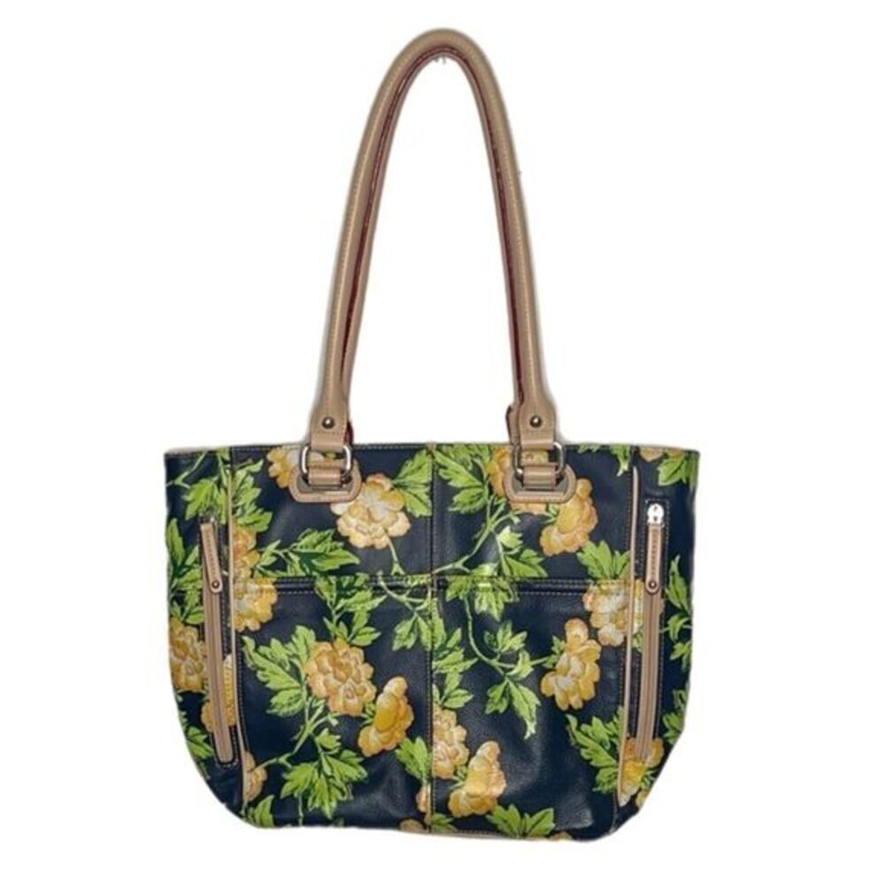 Tignanello Bed of Roses Leather Floral Tote Bag Navy Yellow Shoulder Purse